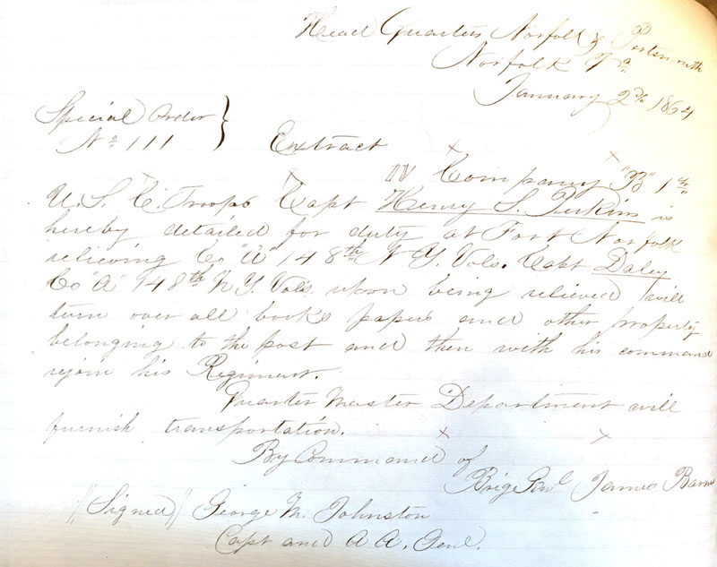  Order for Company B 1st Regiment of U.S. Colored Troops to report to Fort Norfolk