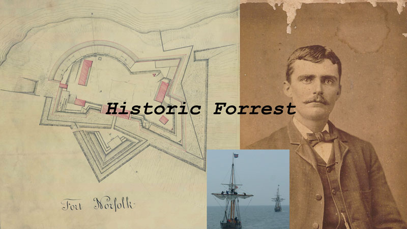 Historic Forrest YouTube Logo featuring an 1819 drawing of Fort Norfolk, a picture of William Thomas Forrest Jr., and a picture of the Godspeed and Discovery sailing in 2007