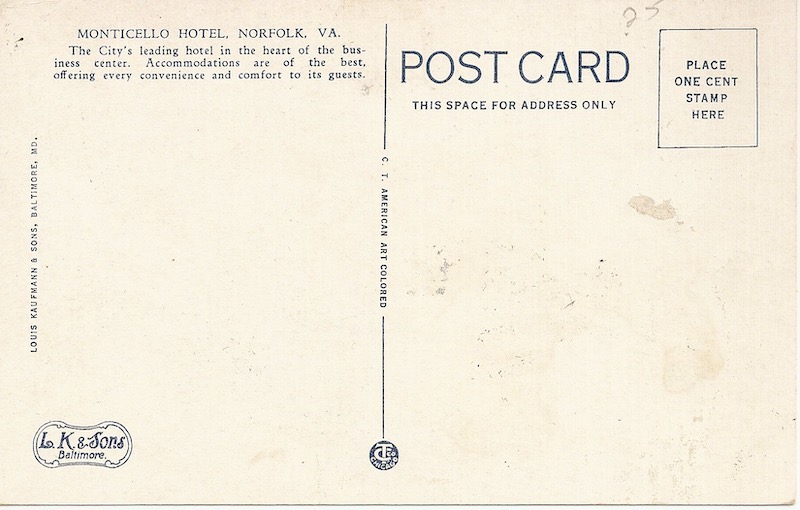 Monticello Hotel Postcard Back