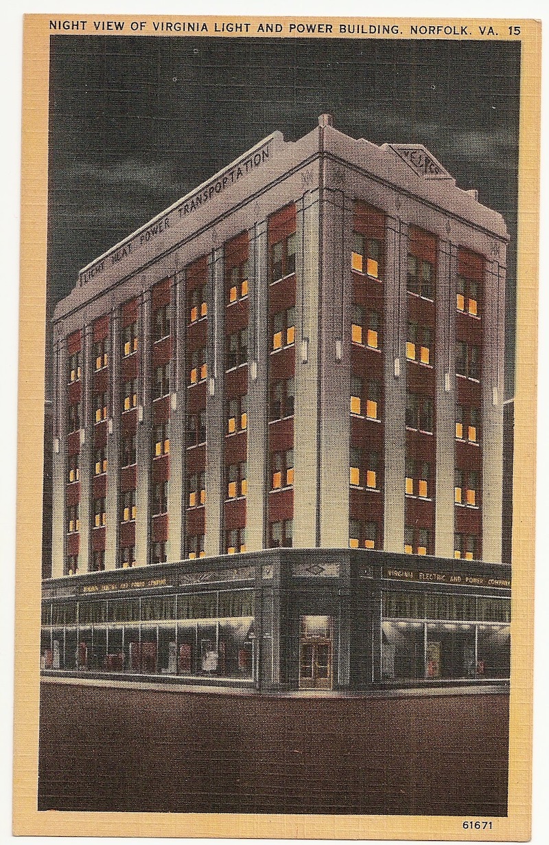 Night View of Virginia Light and Power Building Postcard