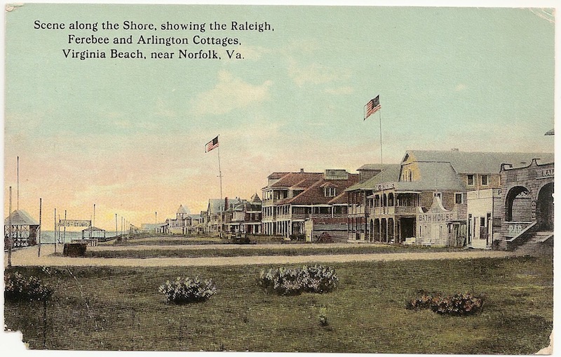 Scene along the Shore, showing the Raleigh, Ferebee and Arlington Cottages Postcard